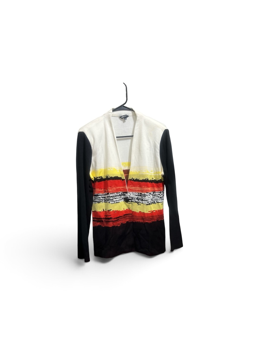 Misook Cream Open-Front Cardigan with Yellow, Red and Black Stripe Detail size s